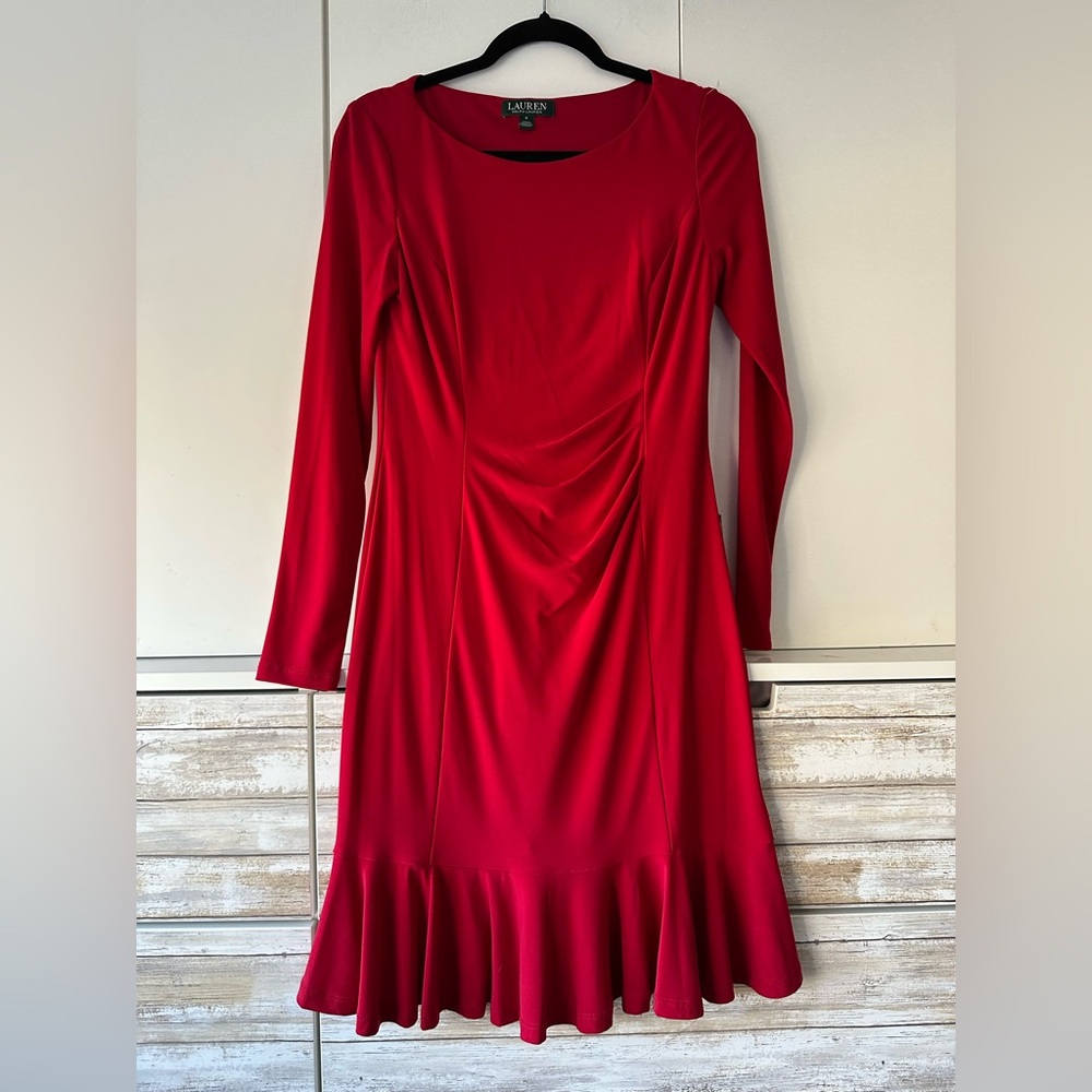 ❤️ Lauren Ralph Lauren Red Ruched Fit & Flare Dress Size 6